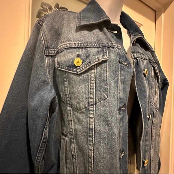MICHAEL KORS MK Logo Cropped Stretch Denim Jean Jacket S Blue Gold Buttons M - Picture 5 of 12